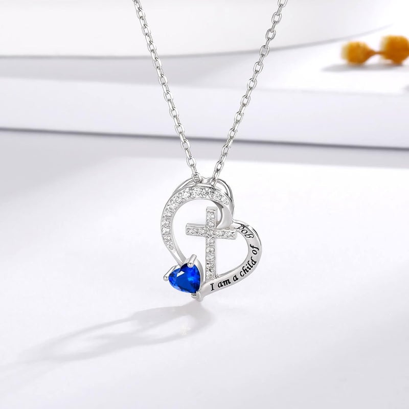 MANBU Sterling Silver Cross Necklace for Girls: Heart Birthstone I am a Child of God Pendant Religious Jewelry Baptism First Communion Confirmation Gifts for Teens - Image 3